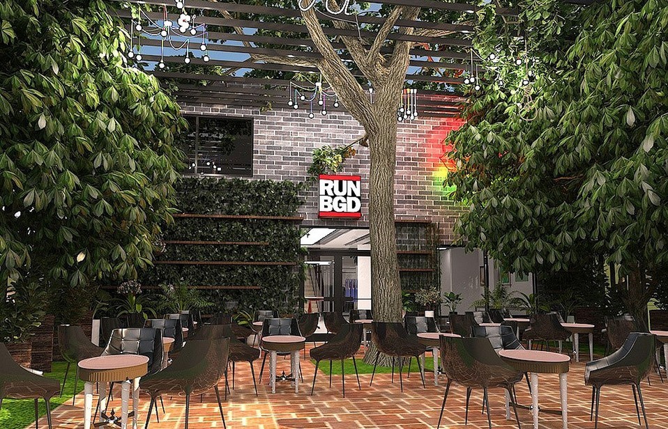 Visualization of the planned RUN BGD concept store courtyard — outdoor seating under a tree, string lights and the RUN BGD sign on a brick wall